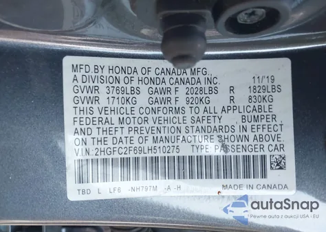 2020 Honda Civic Lx z USA, uszkodzony, nr VIN 2HGFC2F69LH510275